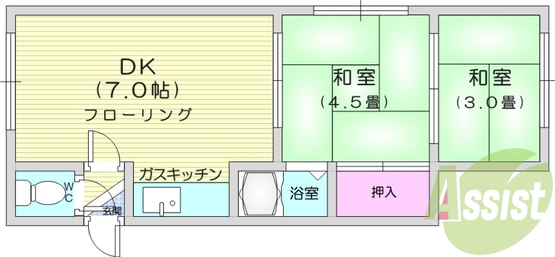2DK、シューズボックス、収納、バストイレ別