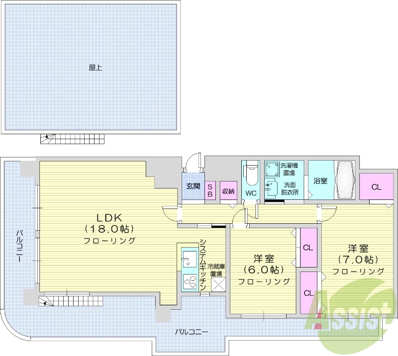 2LDK、IHクッキングヒーター、灯油暖房、バルコニー