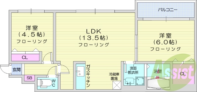 2LDK、角部屋、トランクルーム、独立洗面台、ベランダ