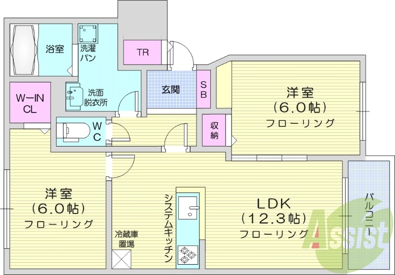 2LDK、都市ガス、追い焚き、浴室乾燥機、システムキッチン