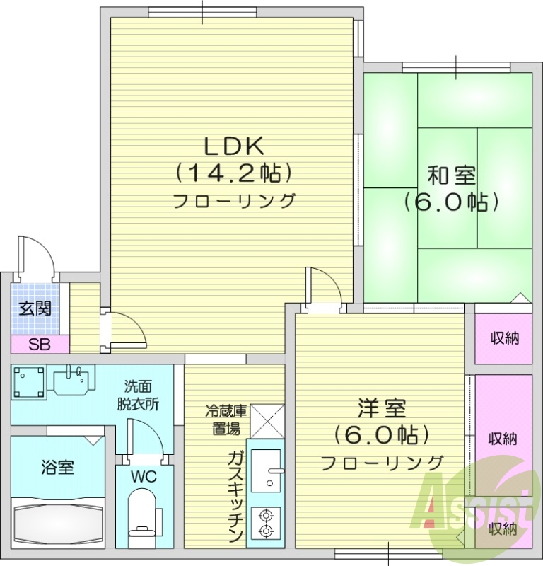 2LDK、独立洗面台、ガスキッチン、ネット無料、