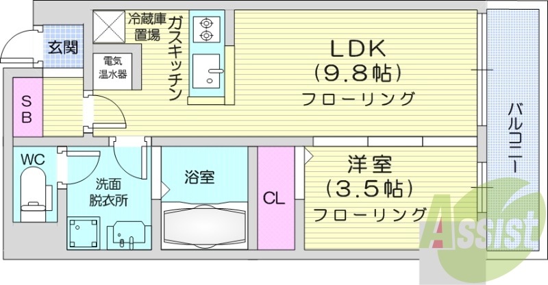 1LDK、都市ガス、システムキッチン、シャワートイレ