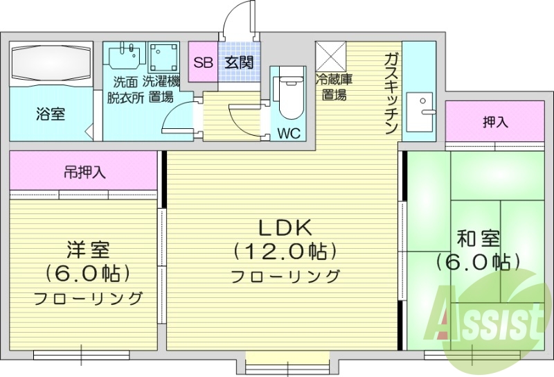 2LDK、灯油暖房、独立洗面台、ガスキッチン