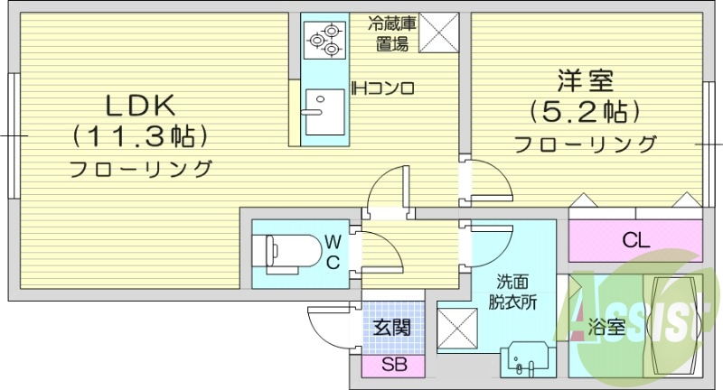 1LDK、エアコン、モニター付きインターホン