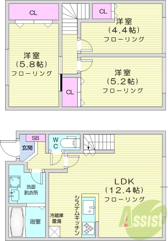 3LDK、システムキッチン、ネット無料、エアコン