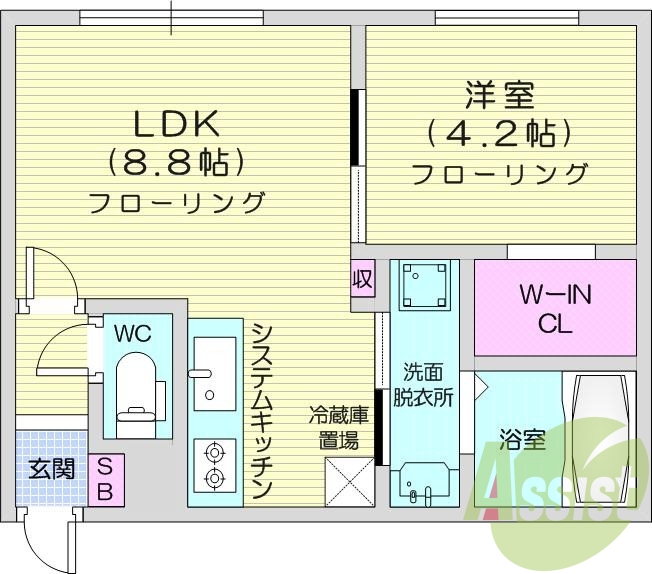 1LDK、エアコン、システムキッチン、ネット無料