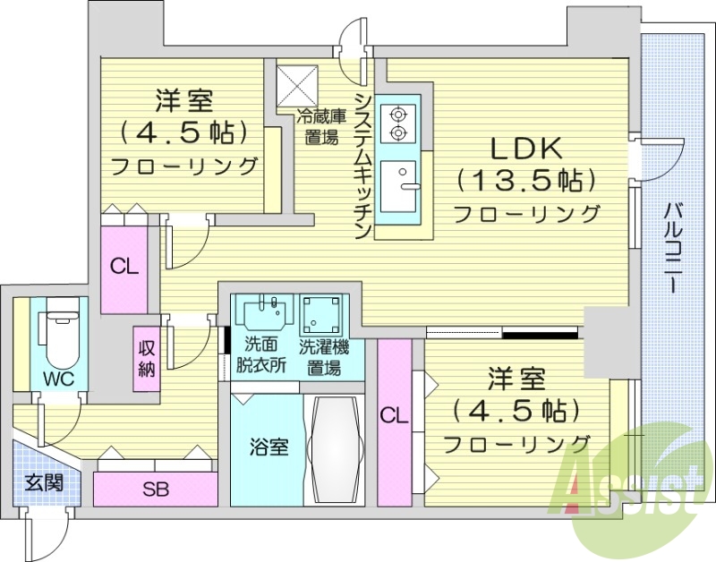 2LDK、都市ガス、追い焚き、エアコン、システムキッチン