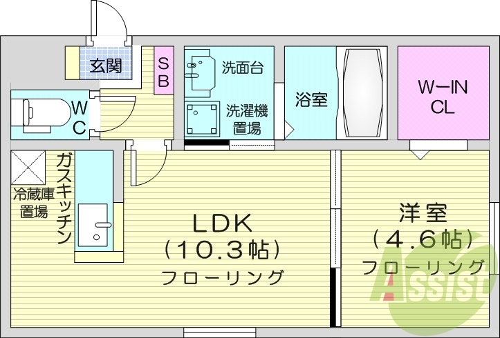 1LDK、オートロック、独立洗面台、角部屋、バス・トイレ別