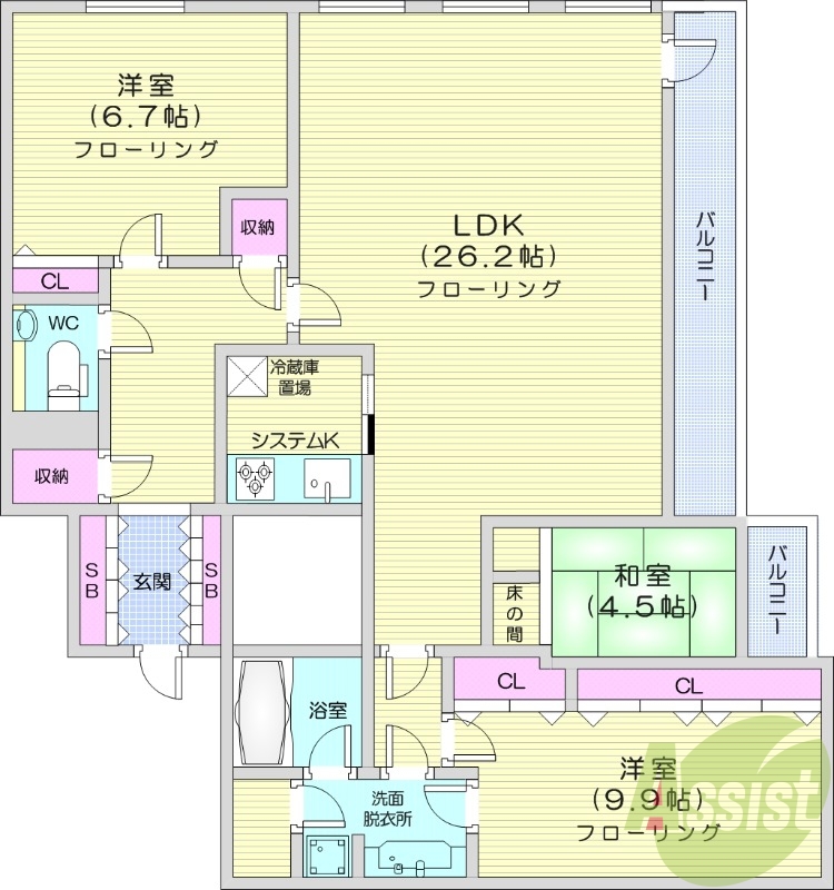 3LDK、分譲賃貸、システムキッチン、都市ガス