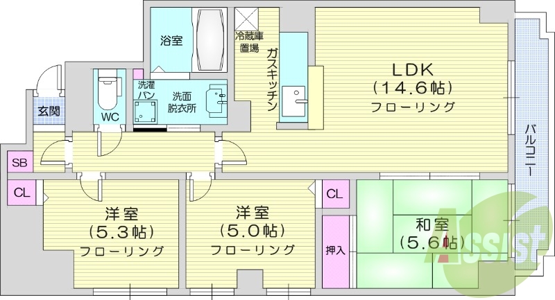 3LDK、都市ガス、ネット使用料不要、洗髪洗面化粧台