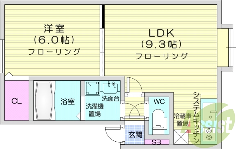 1LDK、独立洗面台、エアコン、システムキッチン