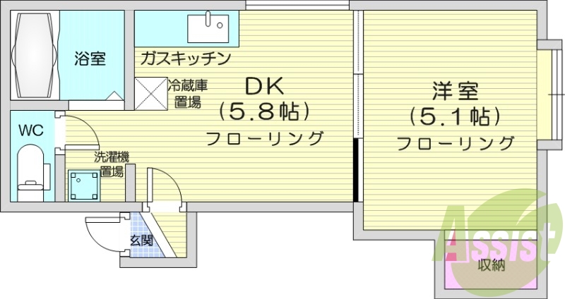 1DK、灯油暖房、バストイレ別、トランクルーム