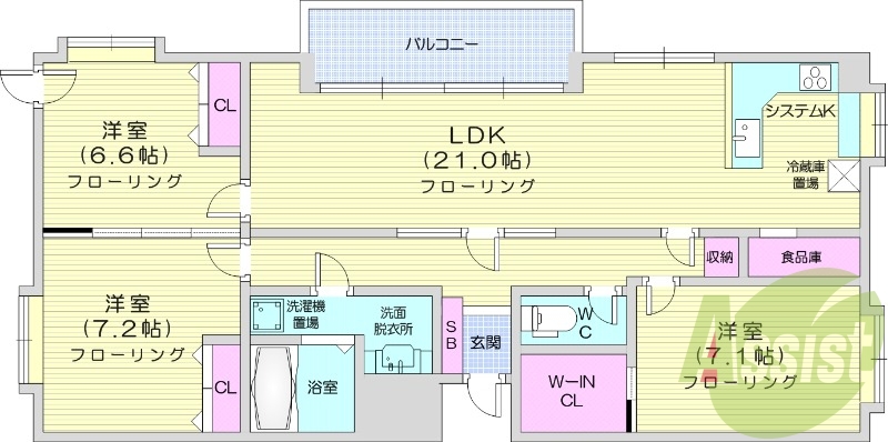 3LDK。浴室乾燥機、追い焚き、システムキッチン