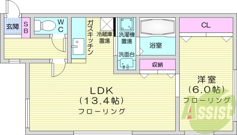 1LDK、オートロック、エアコン、南向き