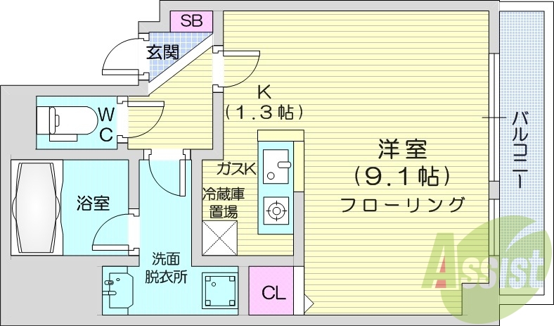 1K、都市ガス、ガス暖房、オートロック、防犯カメラ