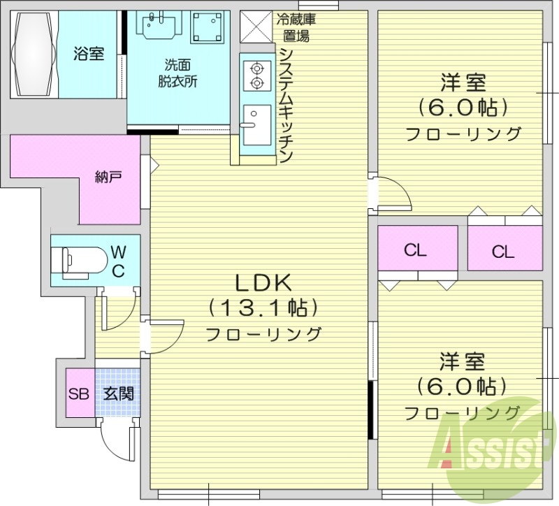 2LDK、エアコン、追い焚き、システムキッチン