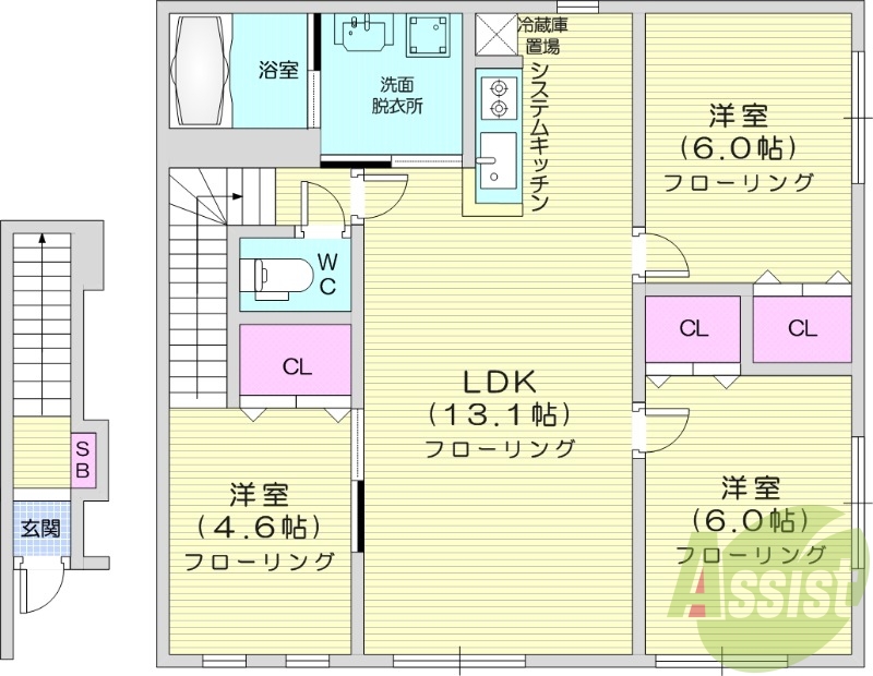 3LDK、エアコン、追い焚き、システムキッチン