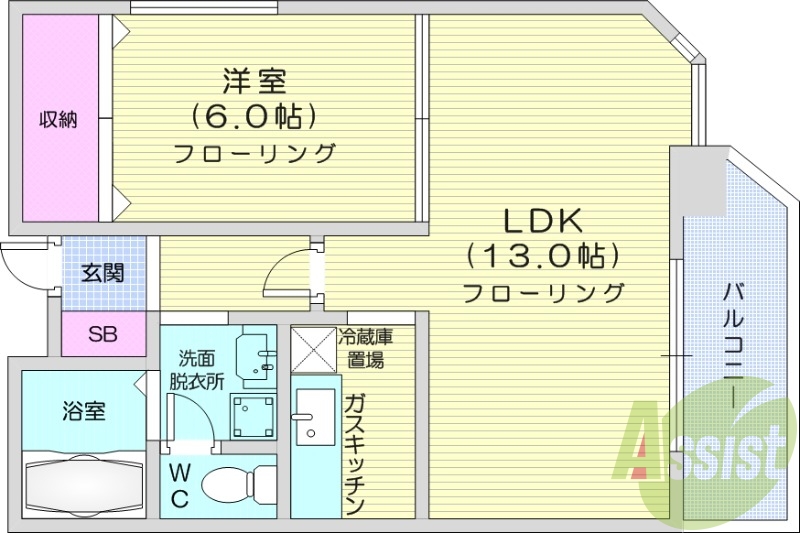 1LDK、角部屋、バストイレ別、ネット無料、最上階