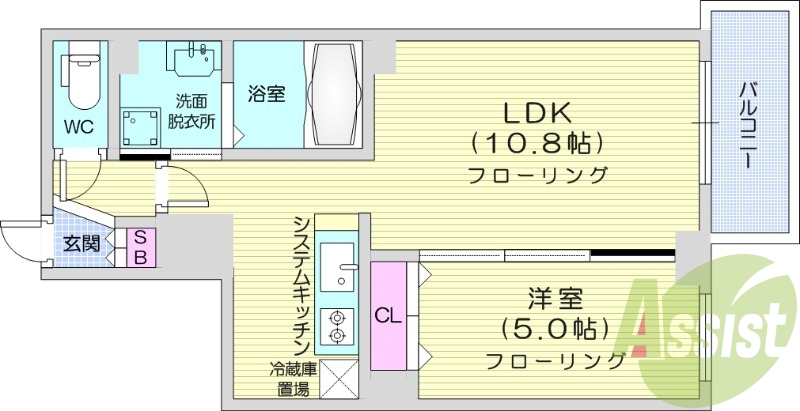 1LDK、システムキッチン、ロードヒーティング、エアコン