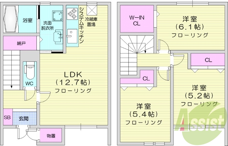 3LDK、エアコン、追い焚き、システムキッチン