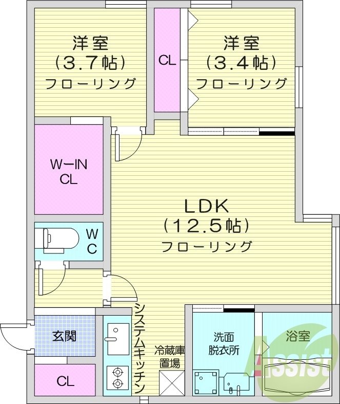 2LDK、エアコン、システムキッチン、ネット無料