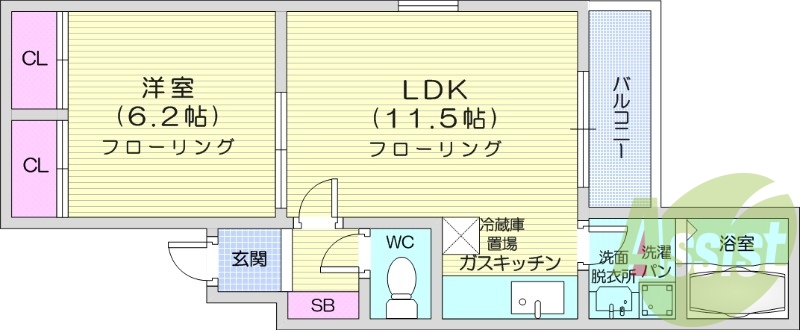 1LDK、角部屋、都市ガス、灯油暖房、バルコニー