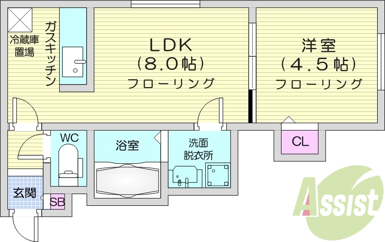 1LDK、灯油暖房、バストイレ別、独立洗面台