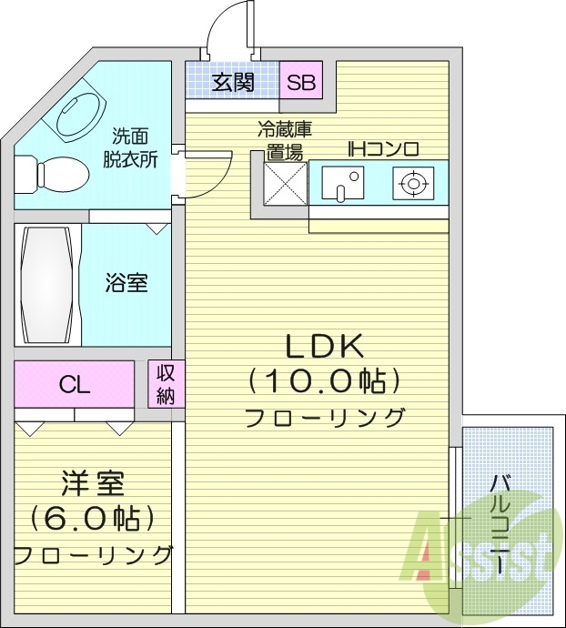 1LDK、オートロック、ガスFF暖房、バストイレ別