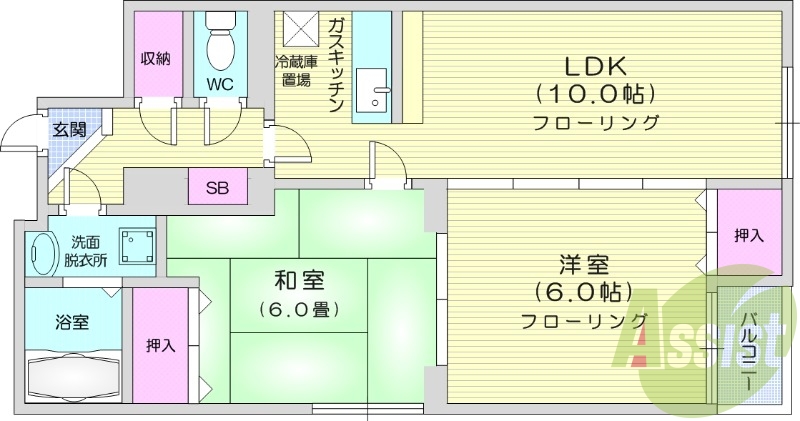 2LDK、灯油暖房、シューズボックス、ネット無料