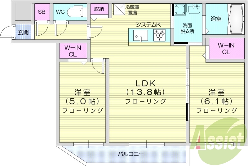 2LDK、システムキッチン、エアコン、都市ガス