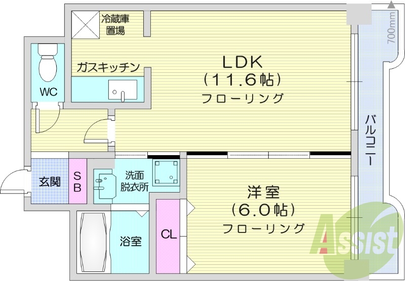 1LDK、洗面脱衣所、バストイレ別、オートロック