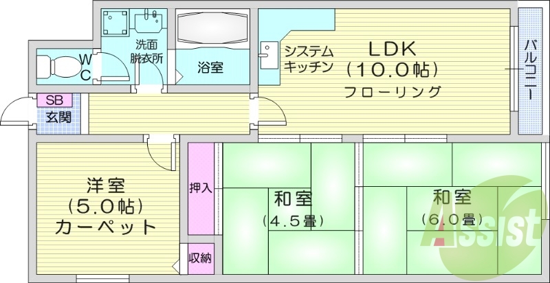 3LDK、都市ガス、灯油暖房、バルコニー