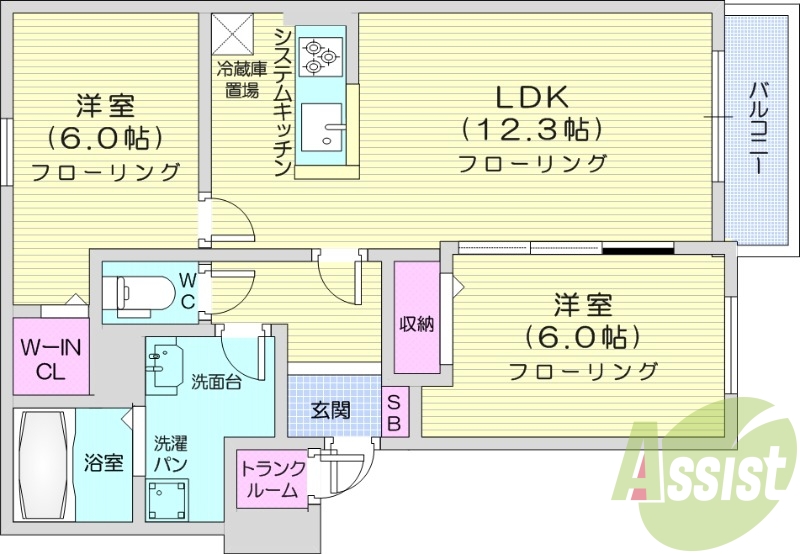 2LDK、バス・トイレ別、オートロック、独立洗面台