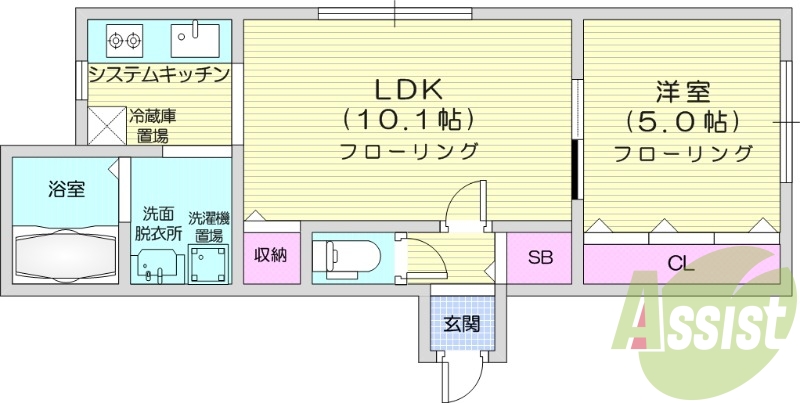 1LDK、角部屋、システムキッチン、エアコン、ネット無料