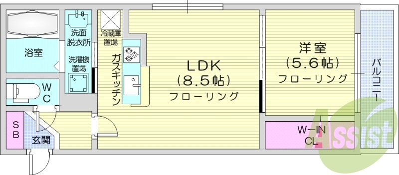 1LDK、システムキッチン、都市ガス、エアコン