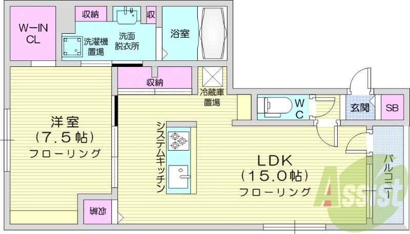 1LDK、システムキッチン、ウォークインクローゼット、猫可