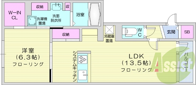 1LDK、システムキッチン、ウォークインクローゼット、猫可