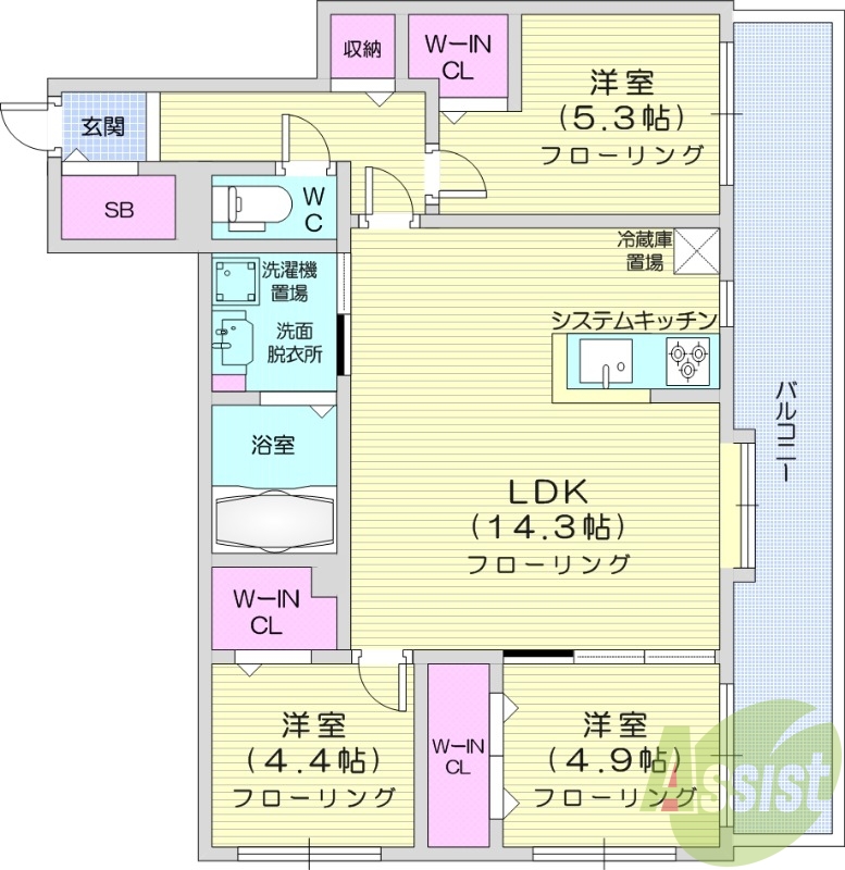 3LDK、エアコン、追い焚き、浴室乾燥機、システムキッチン
