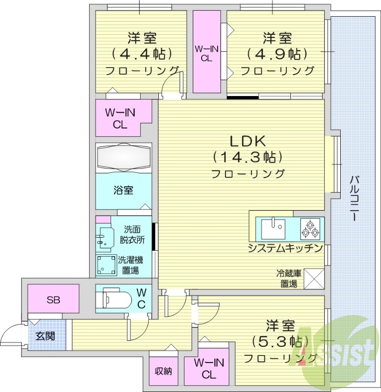 3LDK、エアコン、追い焚き、浴室乾燥機、システムキッチン