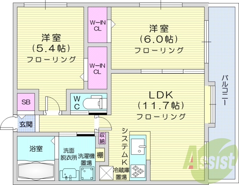 2LDK、エアコン、追い焚き、浴室乾燥機、システムキッチン