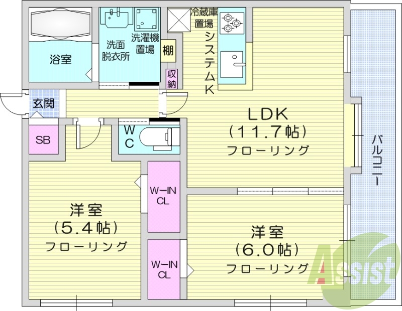 2LDK、エアコン、追い焚き、浴室乾燥機、システムキッチン