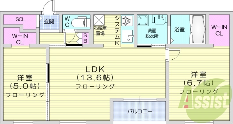 2LDK、都市ガス、エアコン、浴室乾燥機、追い焚き