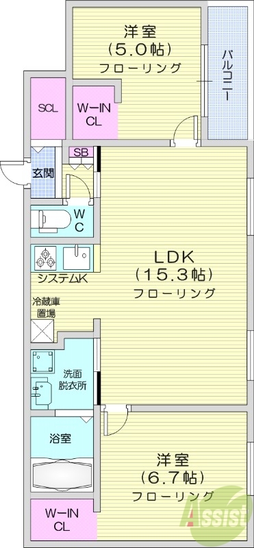 2LDK、都市ガス、エアコン、浴室乾燥機、追い焚き