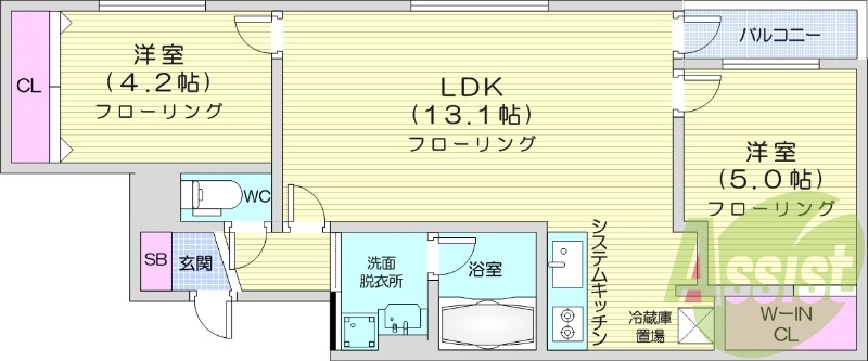 2LDK、都市ガス、エアコン、システムキッチン