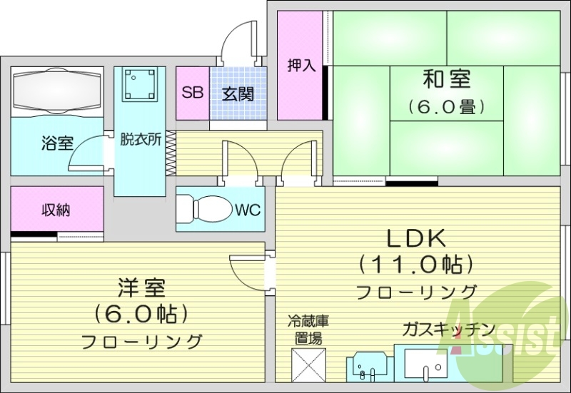2LDK、灯油暖房、バストイレ別、独立洗面台