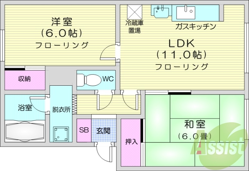 2LDK、灯油暖房、バストイレ別、独立洗面台