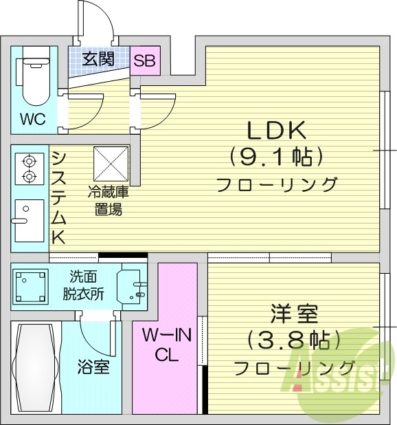 1LDK、都市ガス、ネット無料、ウォークインクロゼット