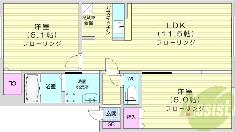 2LDK、カウンターキッチン、灯油暖房、インターホン