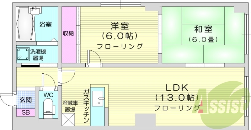2LDK、対面キッチン、灯油暖房、洗面台