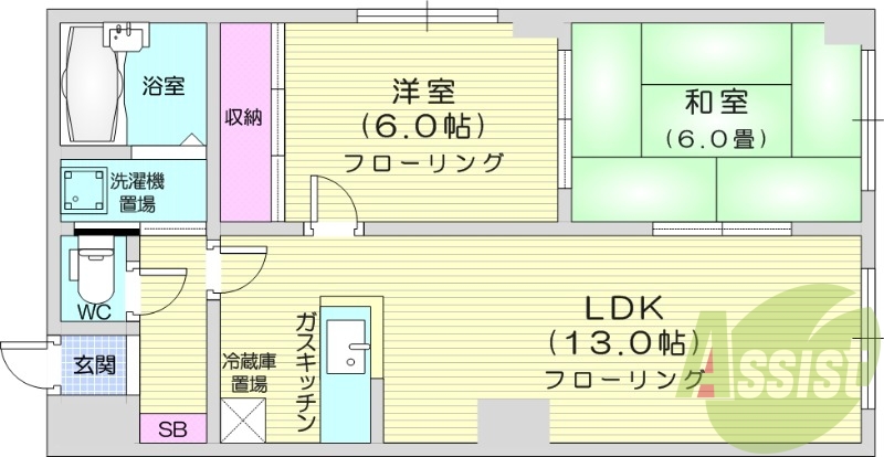 2LDK、対面キッチン、灯油暖房、洗面台